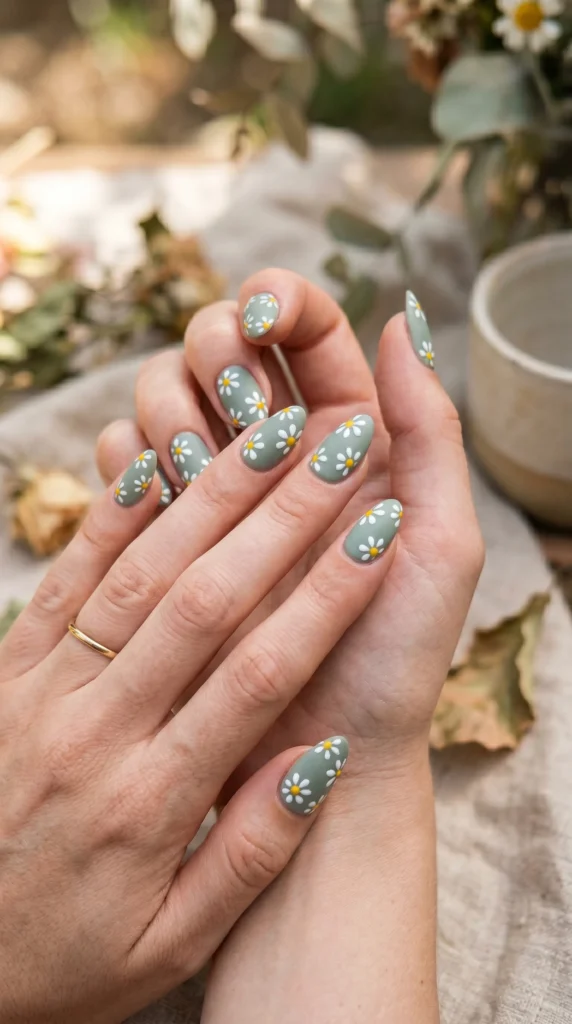 Almond sage green matte nails with small hand-painted white daisies and yellow dot centers