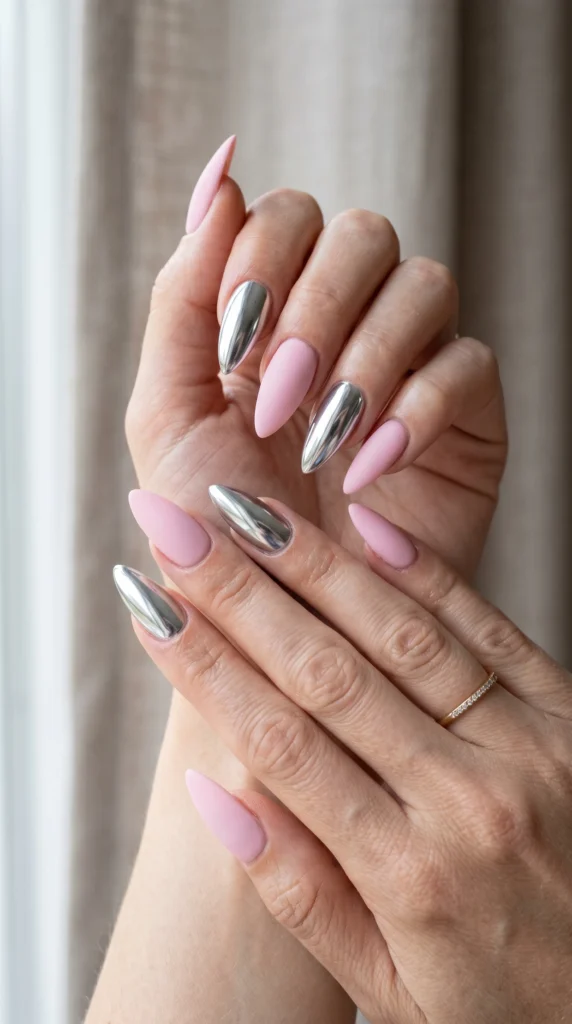 Stiletto nails alternating liquid silver mirror and soft matte baby pink — futuristic feminine contrast