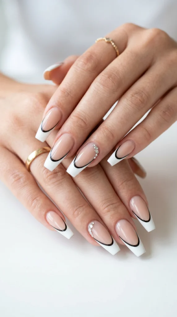 Coffin nails with white French tip and thin black outline, micro rhinestones at tip corner