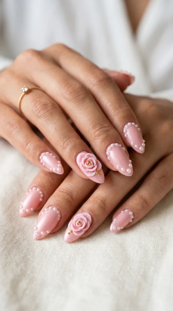 Almond baby pink nails with 3D sculpted rose bud accents and gold-dot centers on accent fingers