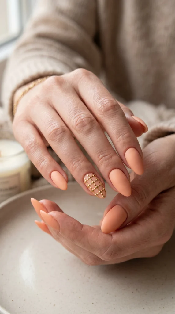 Almond peach satin nails with precise gold metallic stud grid pattern on ring finger accent nail