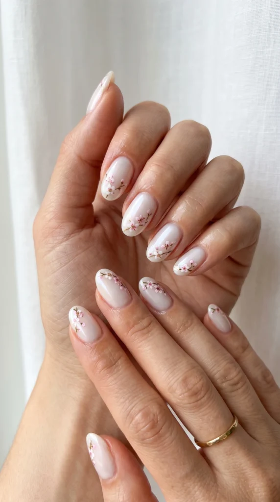 Oval milky glass nails with minimal micro cherry blossom spray near tip — soft girl at its best