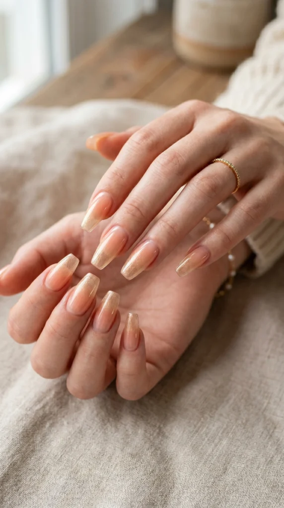 Coffin nails with blush-to-champagne ombre glass gradient and jelly-like warm shimmer tip