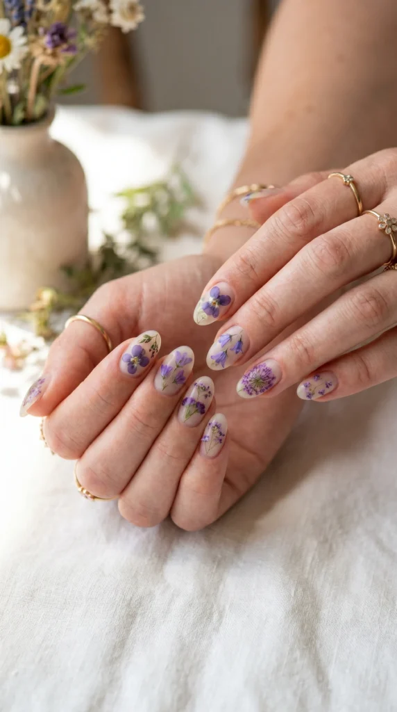 Clear gel oval nails with real pressed violet wildflowers individually encased — cottage botanical art