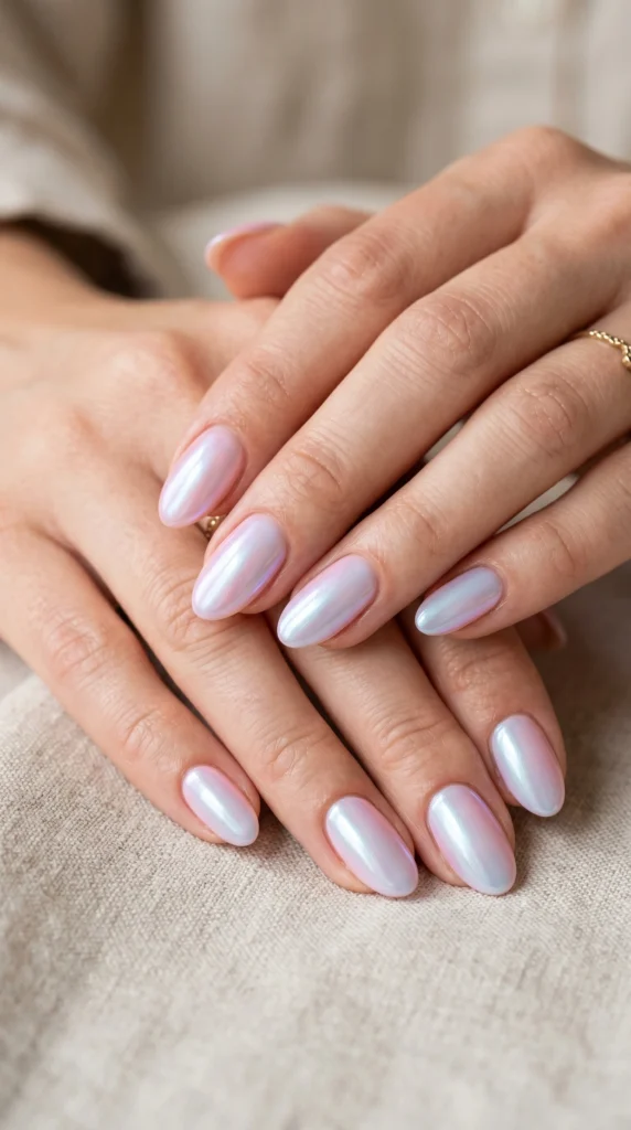 Oval nails with soft pastel aurora chrome in pink-to-baby-blue iridescent color shift