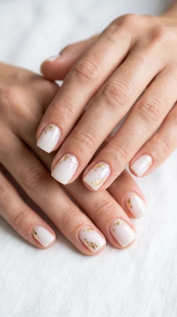 Short square nails with sheer milky white base and scattered gold foil crinkle flakes