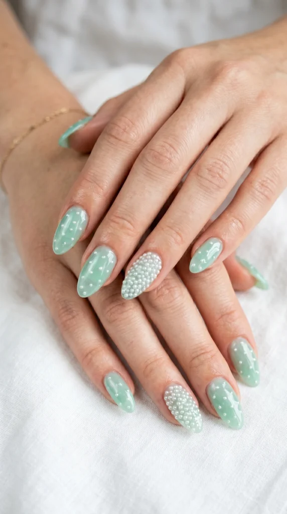 Almond translucent mint jelly nails with micro pearls suspended inside the gel for a floating effect