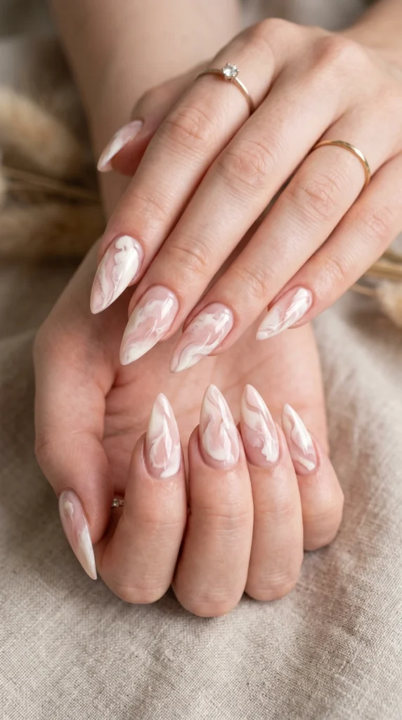 Long stiletto nails in cream and blush soft swirl marble — cloud-like composition unique per nail