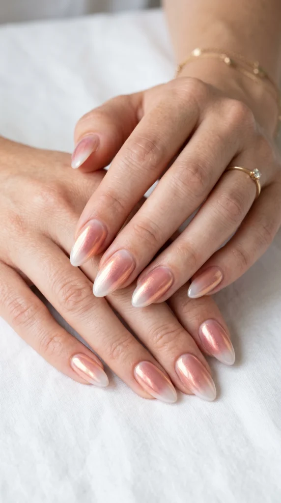 Almond glazed donut nails with rose-to-copper duochrome shimmer top coat and ultra-high gloss finish