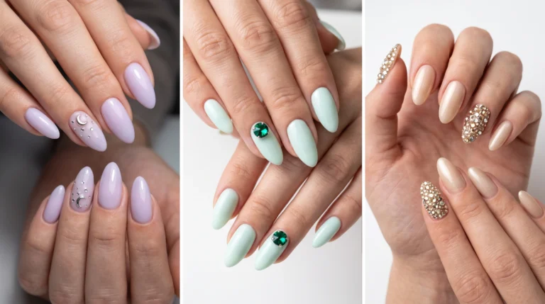 Milky almond nails with diamond rhinestone cluster and aurora stone row accents, glam feminine bridal style