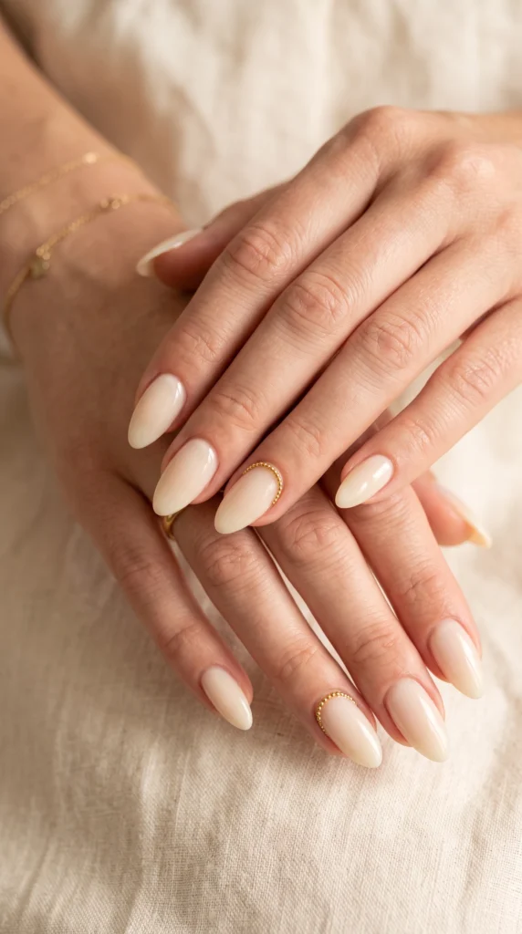 A woman with white nails and a gold ring on her finger.