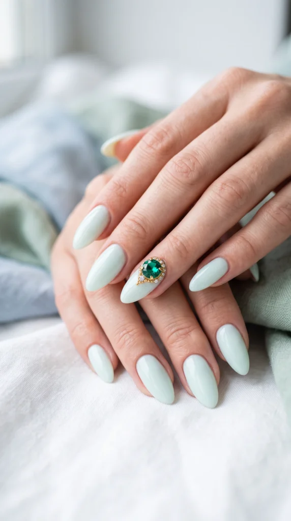 A woman with green nail polish and a green ring on her finger.