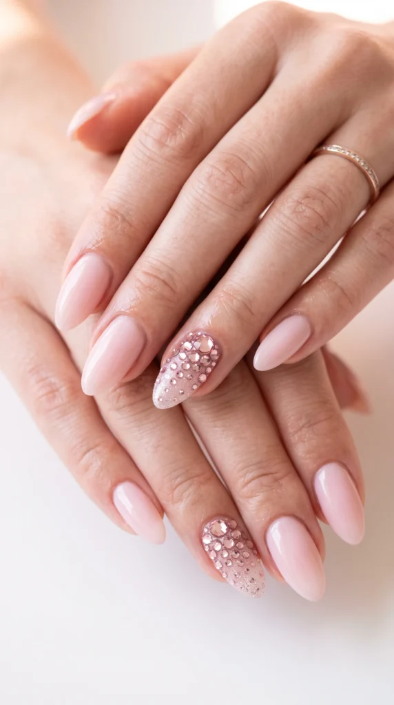 A woman's hand with pink nail polish and a pink glittery nail.