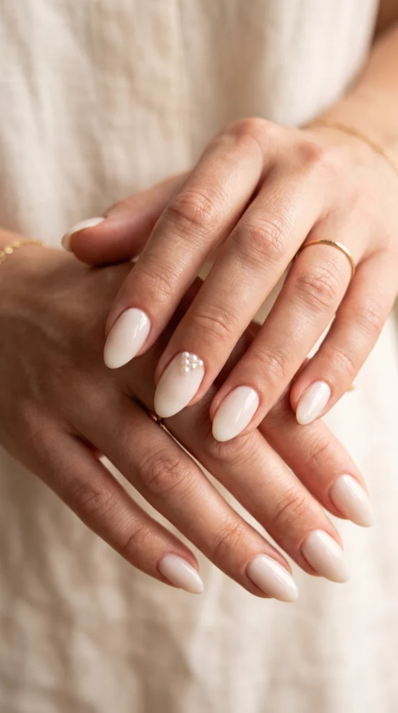 A woman with white nail polish on her fingers.