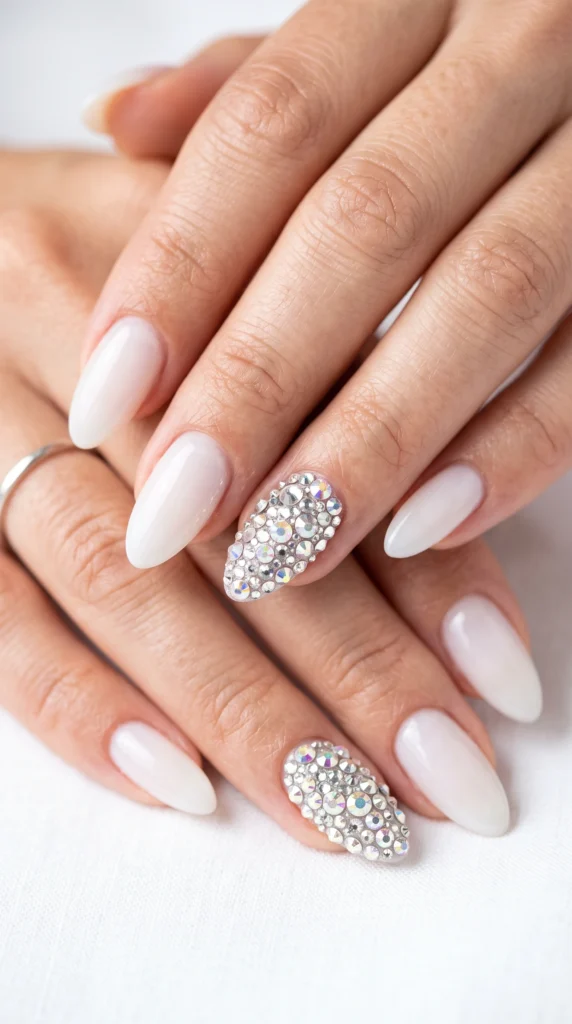 A woman with white nails and a ring on her finger.