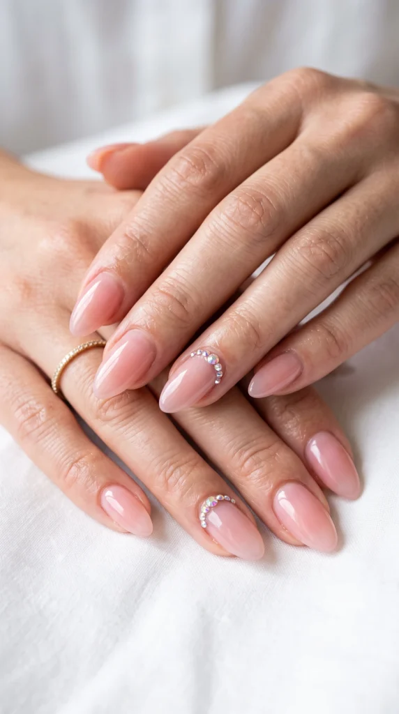 A person's hand with a ring on the finger and a pink nail.