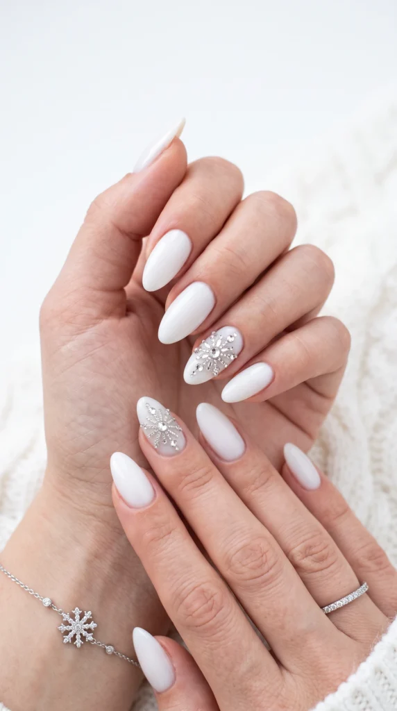 A person with white nails and a white top coat.