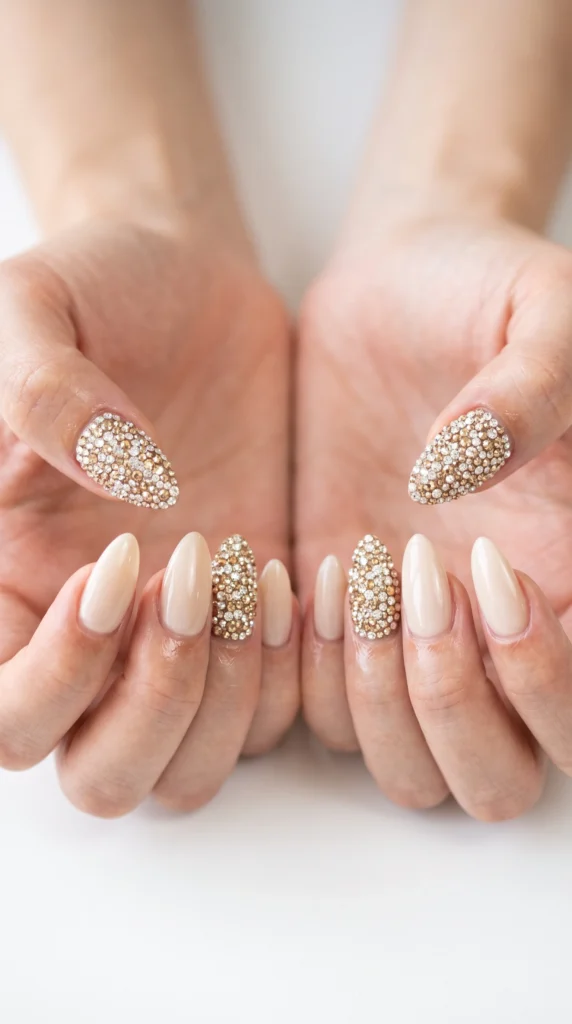 A person's hands holding a nail with a bead on it.