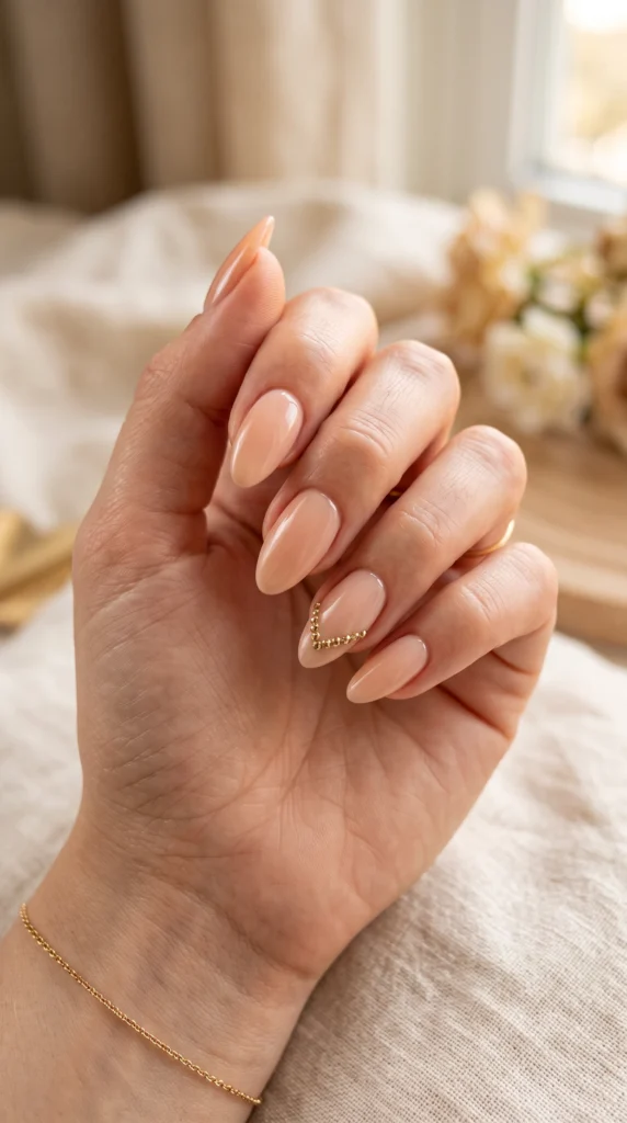 A woman's hand with a gold heart shaped nail.