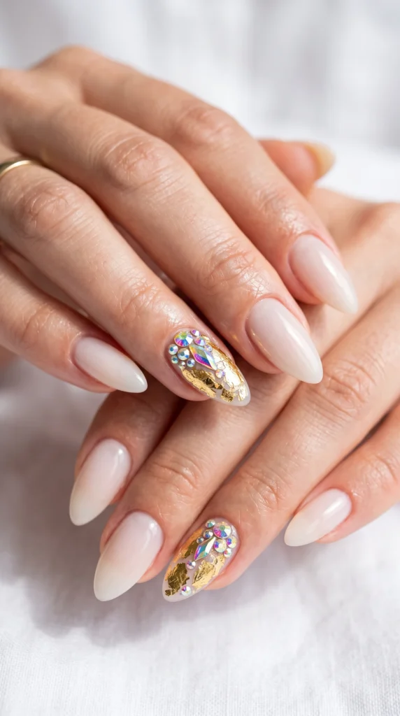 A woman with white nails and gold accents.