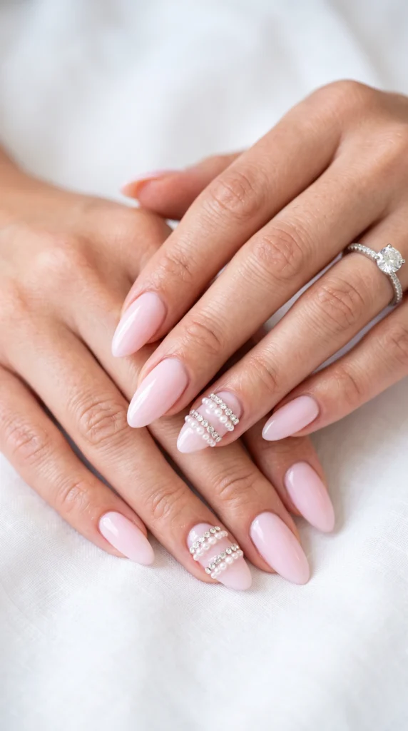 A woman with pink nails and a ring on her finger.