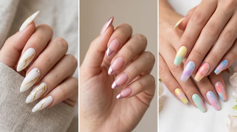 Almond-shaped milky glazed pearl nails with iridescent shimmer — soft girl aesthetic nail art 2026