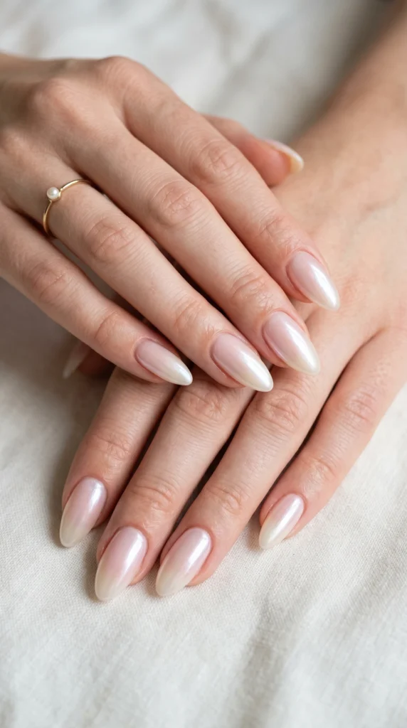 Almond-shaped glazed donut nails with milky pearl shimmer and iridescent blush-ivory finish