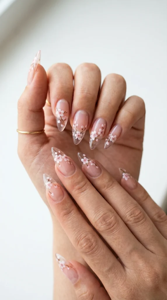 Clear stiletto nails with floating hand-painted cherry blossom art and visible natural nail negative space