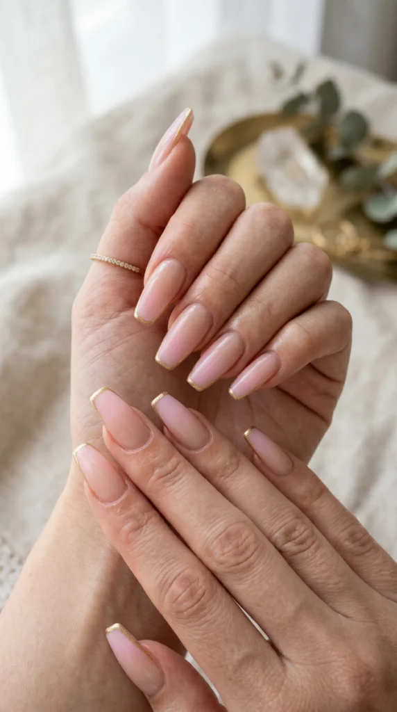 Coffin nails with soft gradient French tip nude to pink and thin gold metallic outline