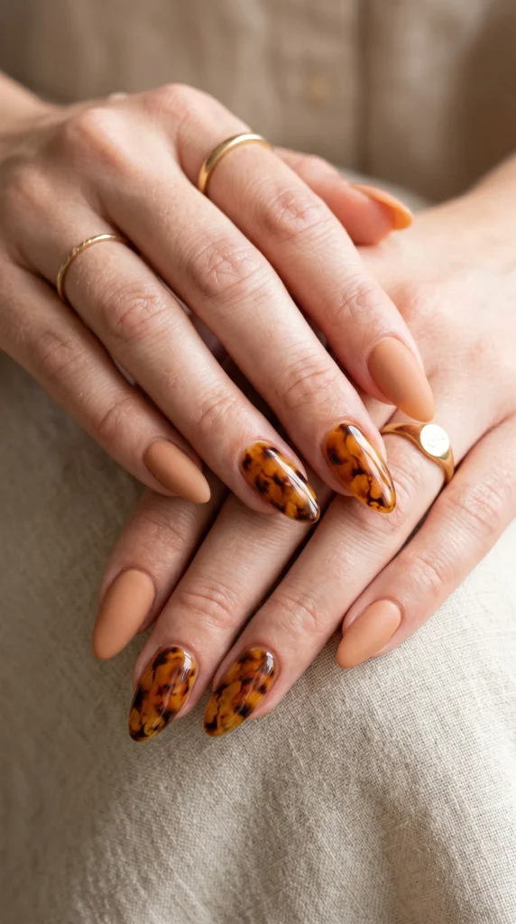 Almond-shaped warm amber tortoiseshell nails with translucent sections and dark organic veining