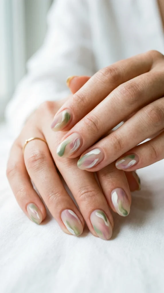 Oval nails with abstract brushstrokes in sage, dusty rose, and cream on sheer base with matte finish