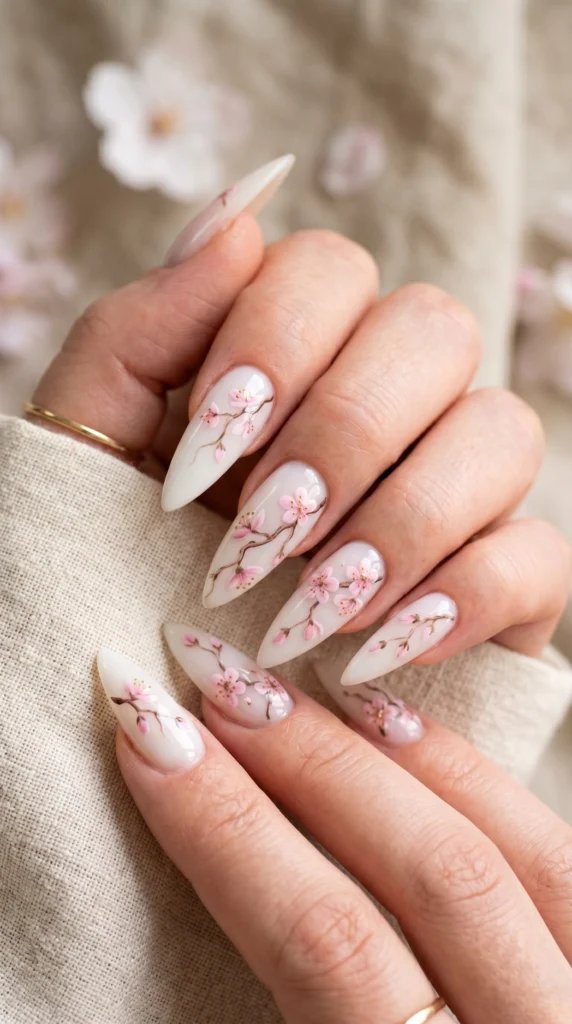 Stiletto milky glass nails with trailing cherry blossom branch art spanning all fingers with gold stamens