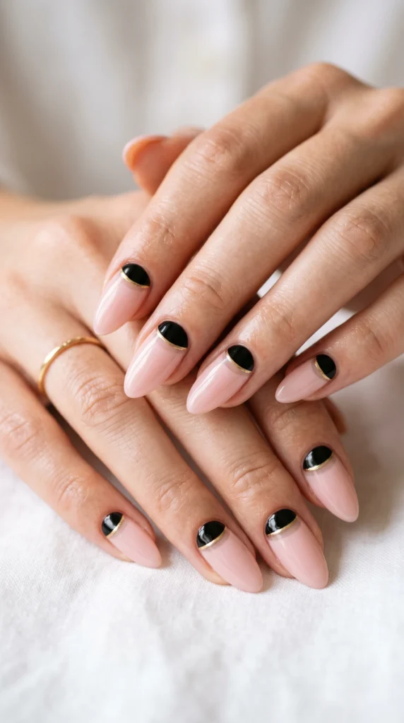 Almond nails with black half-moon crescent, clear negative space, and thin gold dividing line on blush
