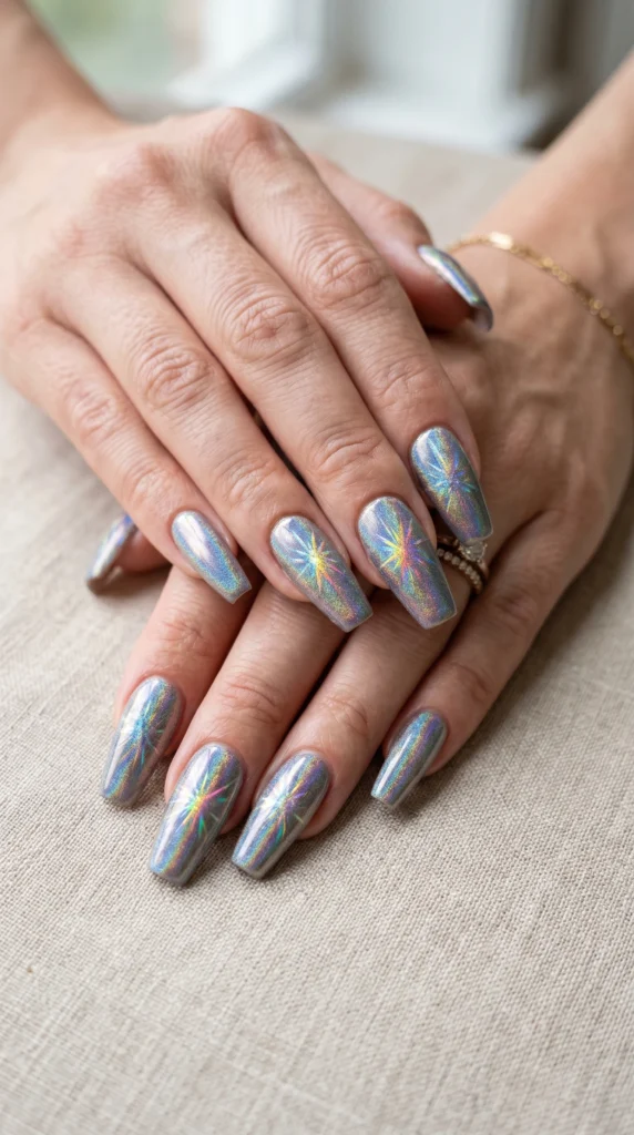 Coffin nails with holographic powder star-burst effect showing full rainbow shimmer spectrum