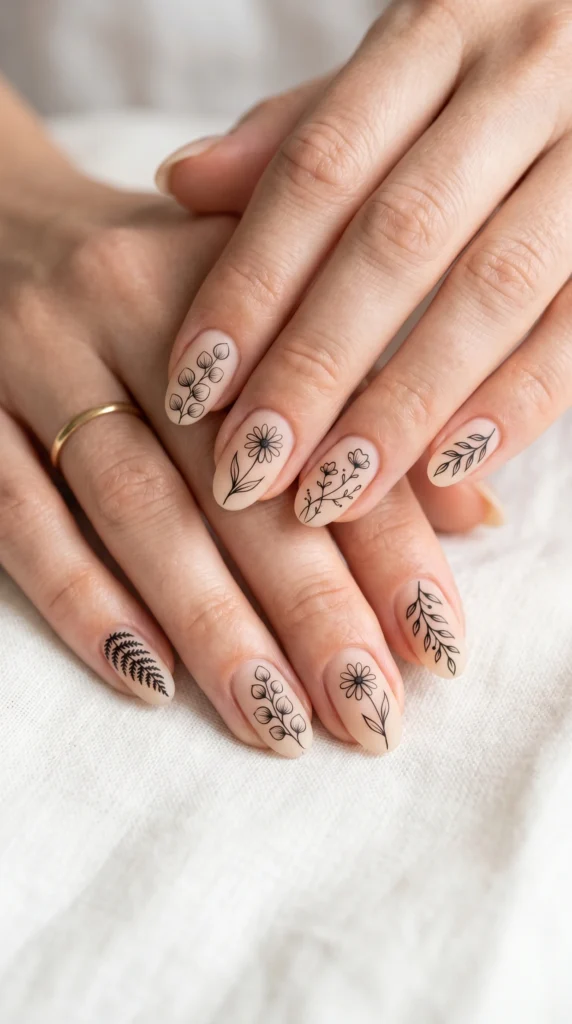 Oval sheer nude nails with delicate black ink botanical line art — unique plant sketch on each nail