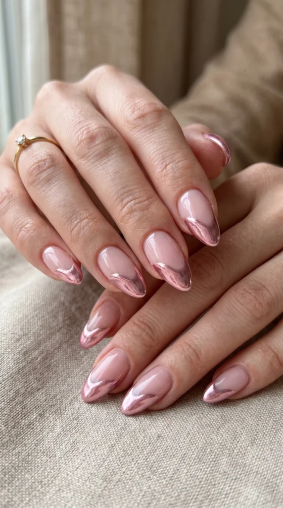 Almond nails with wavy chrome pink French tip — undulating metallic tip line on sheer pink base