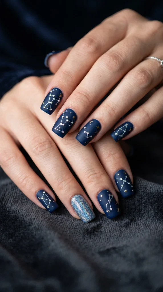 Square navy matte nails with rhinestones arranged in constellation patterns — celestial night sky design