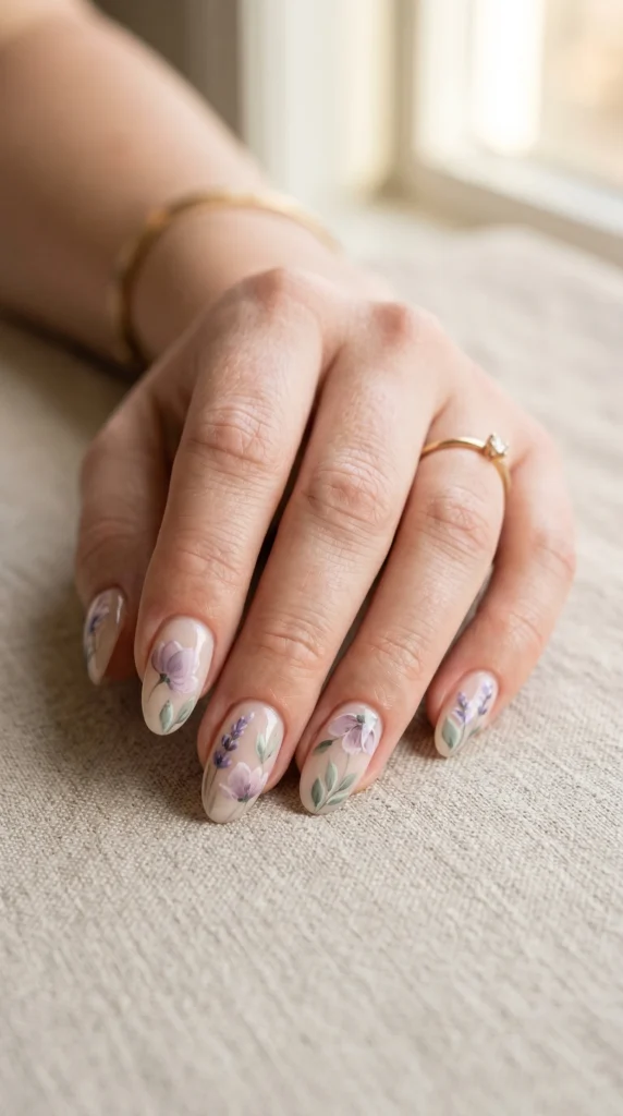 Oval nails with hand-painted watercolor florals in lilac and sage on a sheer nude base