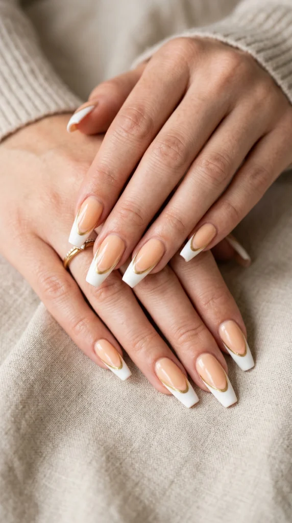 Coffin nails with double stacked French tips — peach inner line and white outer tip with gold divider