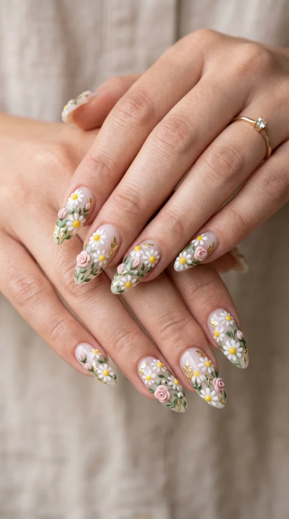 Long almond milky glass nails with 3D sculpted wildflower meadow — daisies, chamomile, and rosebuds