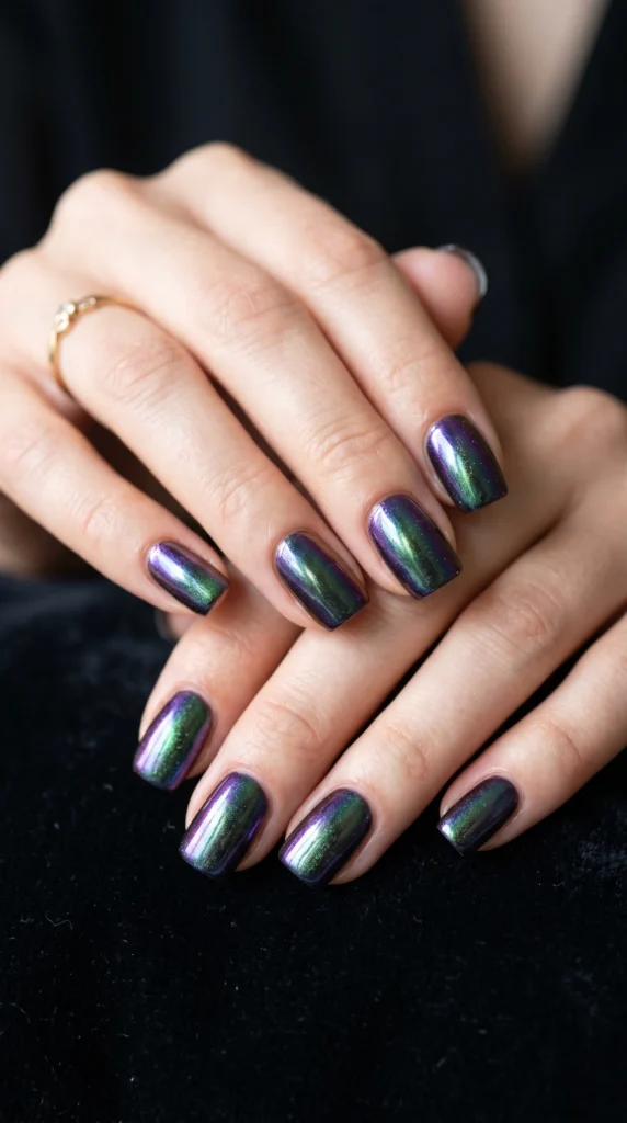 Short square nails in oil slick dark chrome with purple-to-emerald-to-blue color-shifting rainbow effect