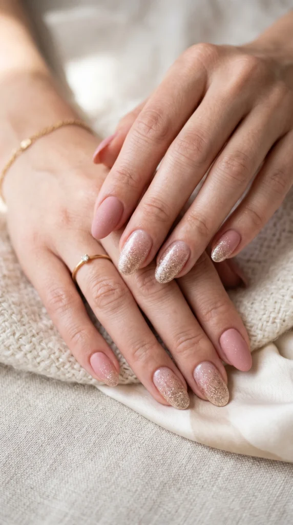 Oval nails with rose-to-champagne glitter gradient — fine micro-shimmer building from cuticle to tip