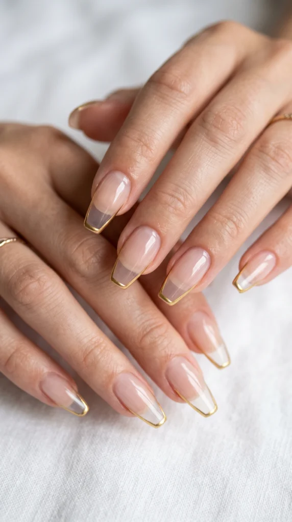 Coffin nails with sheer clear base and ultra-thin gold metallic French tip outline — minimal and refined