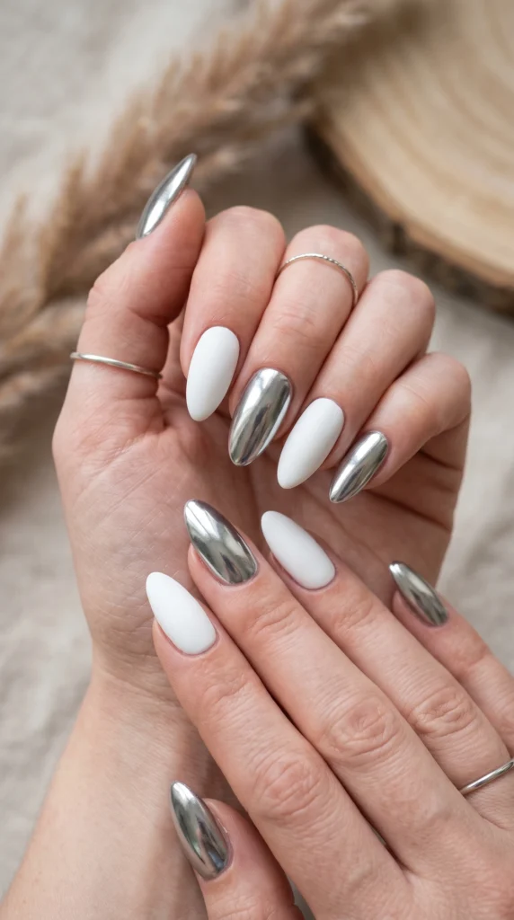 Almond nails alternating liquid metal silver mirror finish and matte white — editorial high contrast look