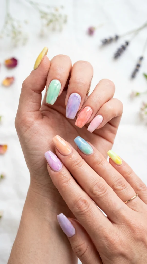 Coffin nails in individual pastel watercolor washes — butter yellow, mint, lavender, coral — spring blend