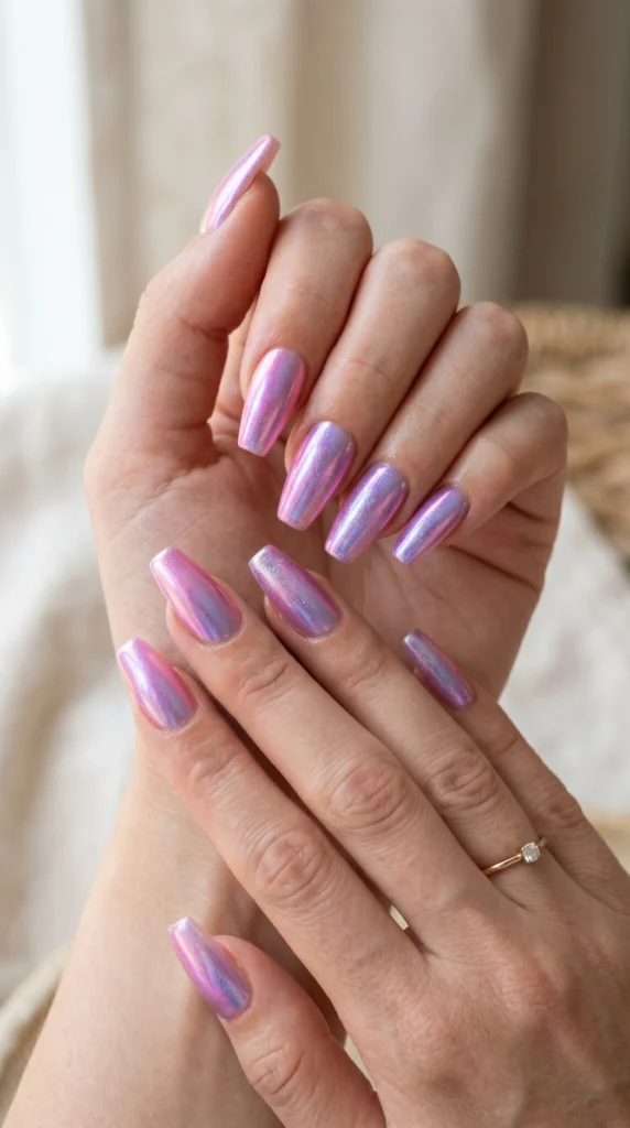 Coffin nails with aurora chrome finish shifting from blush pink to violet and icy blue