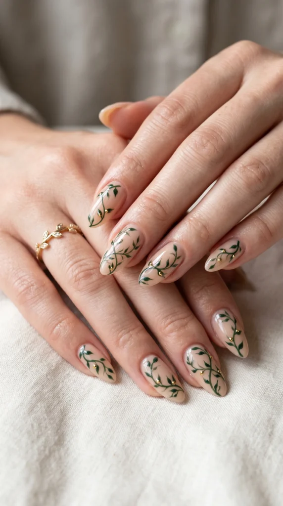 Almond nude nails with continuous trailing botanical vine and gold stud accents at each leaf junction