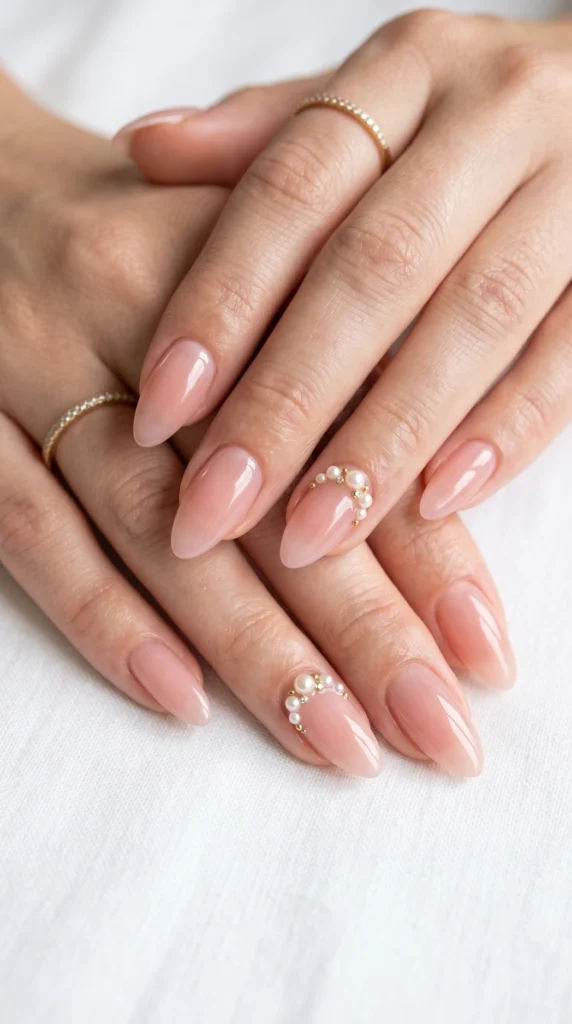 Almond-shaped blush jelly nails with micro pearl clusters arranged along the cuticle line