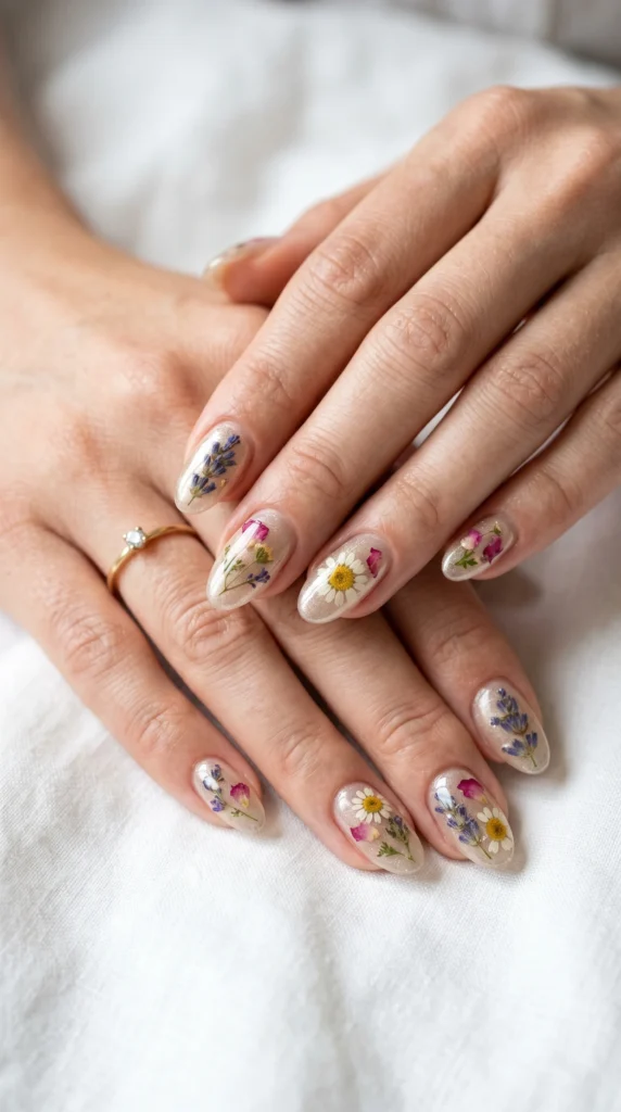 Oval champagne glass nails with real pressed dried flowers in clear gel — lavender, chamomile, rose