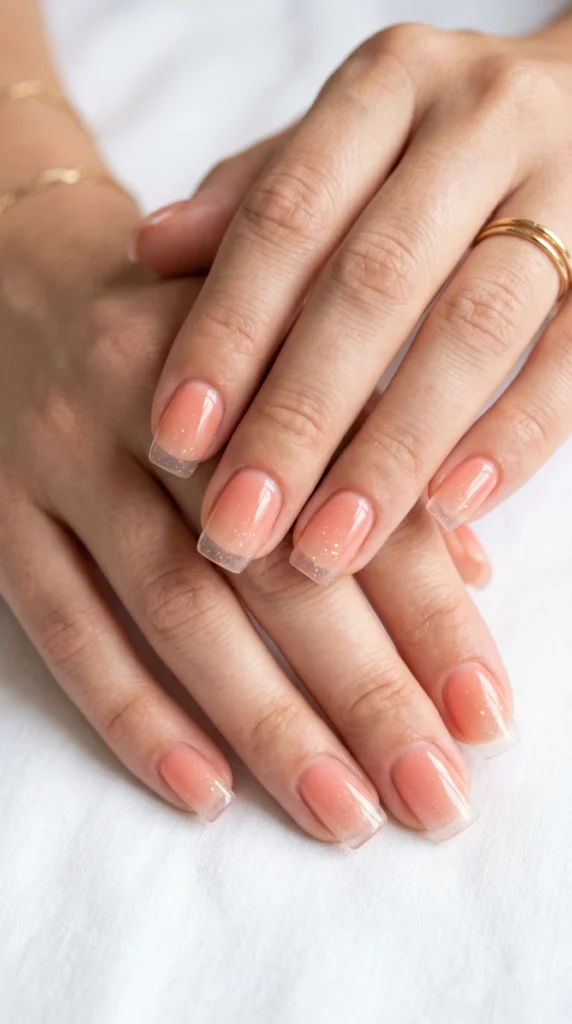 Short square nails in peach-to-clear jelly ombre glass finish with shimmer suspended mid-nail